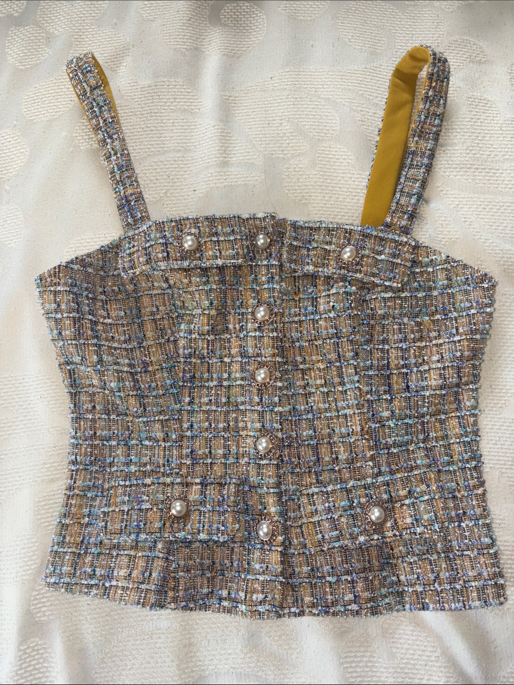 Tweed Pearl-Button Cropped Tank Top - Mustard Blue
